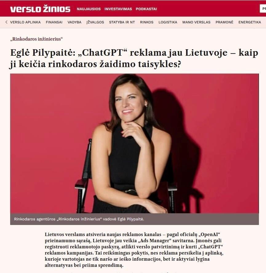 Verslo žinių straipsnis: Eglė Pilypaitė apie ChatGPT reklamą Lietuvoje